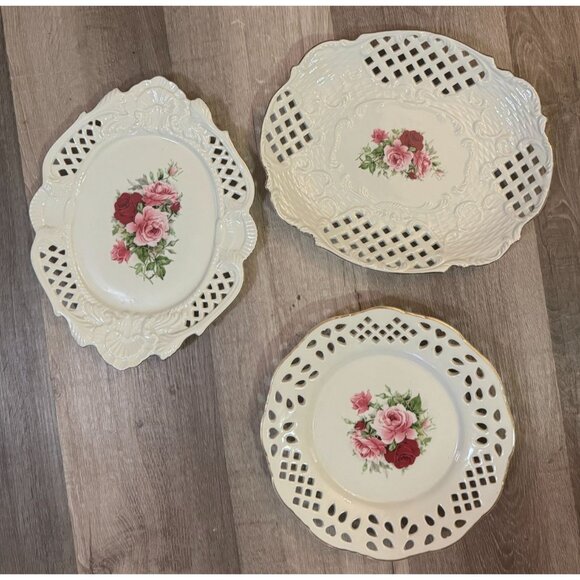 Set Of 3 Vintage Floral Porcelain Plates With Intricate Cutout Design & Pink Ros - Picture 2 of 16